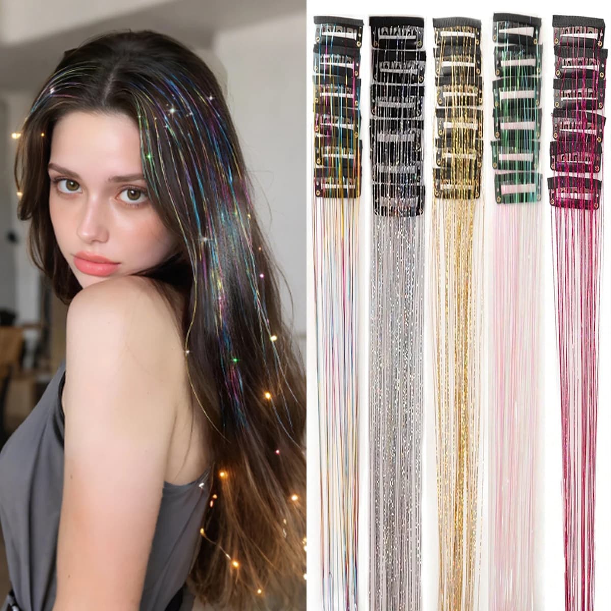 12 pièces pince à cheveux synthétiques en 20 pouces pince à cheveux en guirlandes à paillettes dans 
