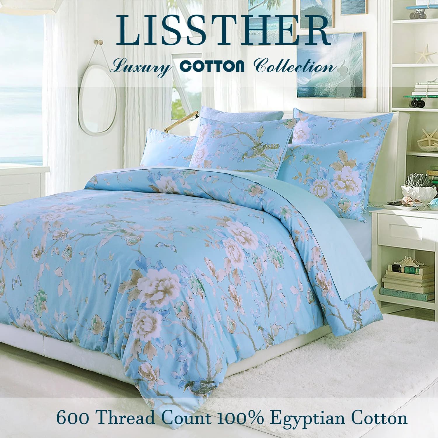 Ensemble de housse de couette 3 pièces 600TC 100% coton égyptien, Vintage bleu clair oiseau aquarell