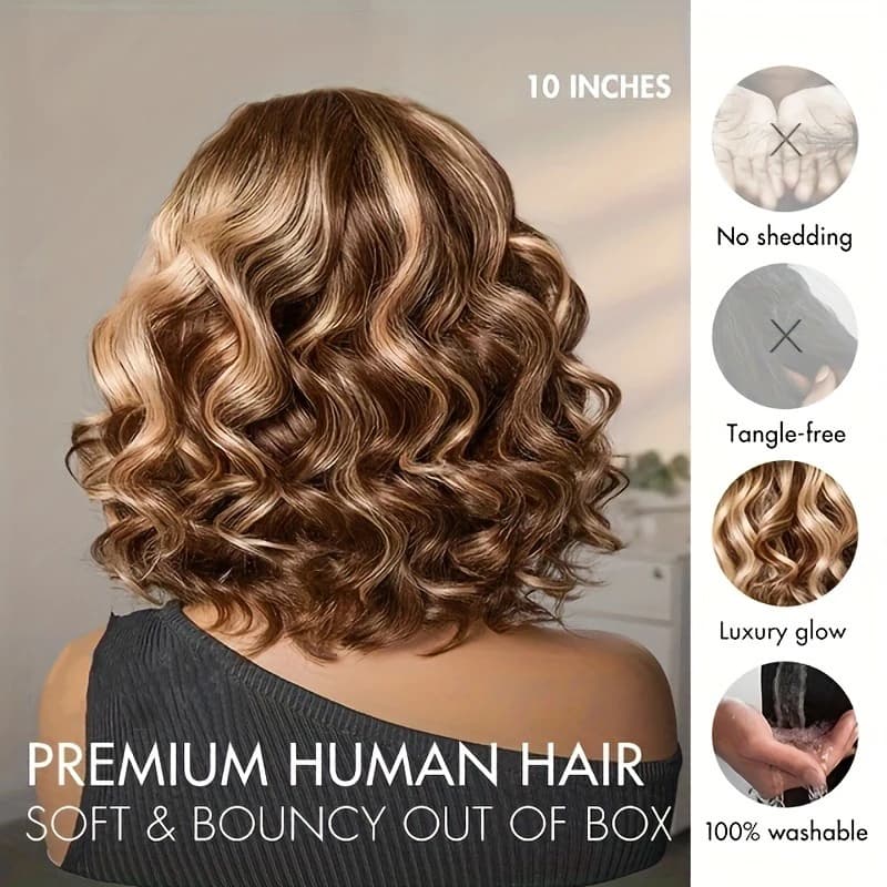 Perruque Bob Ombrée Cheveux Humains 4/27 Mèches Blond Miel Ondulées Profondes Perruques Bob Lace Fro