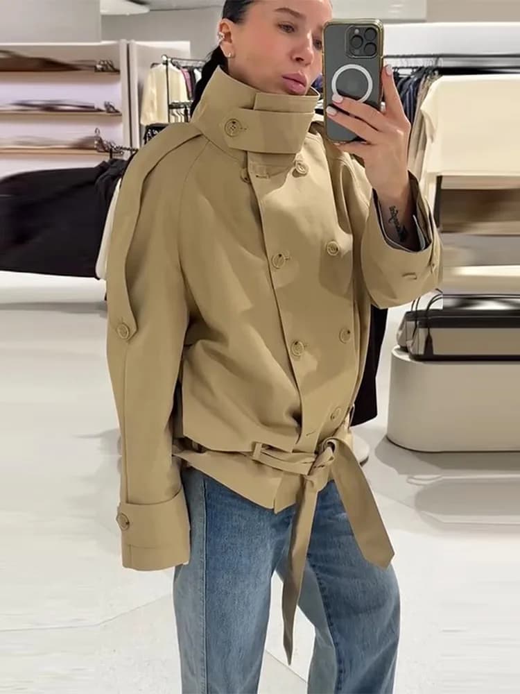 Élégant Trench-coat Femme à Col Montant, Double Boutonnage, Lacets, Manches Longues, Coupe-Vent, Nou