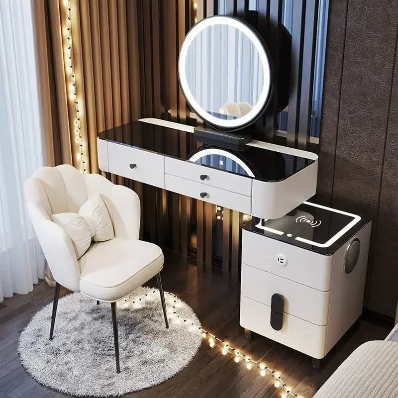 Coiffeuse moderne avec chargement sans fil intelligent, Table de maquillage multifonctionnelle de lu