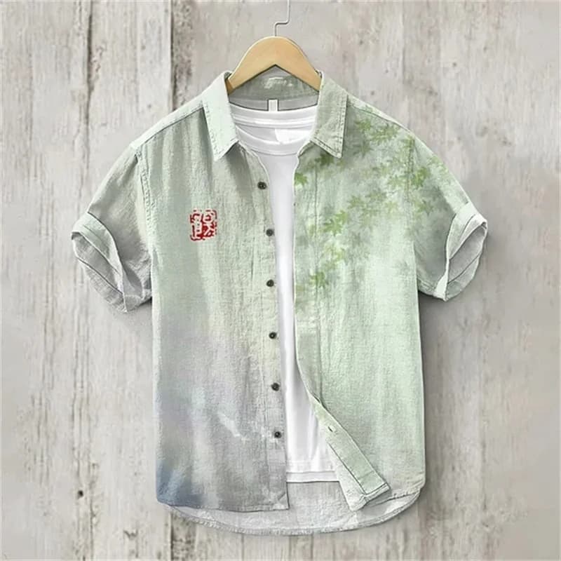 Chemise en lin-2025 été hommes revers à manches courtes T-shirt décontracté imprimé chemise élégant 