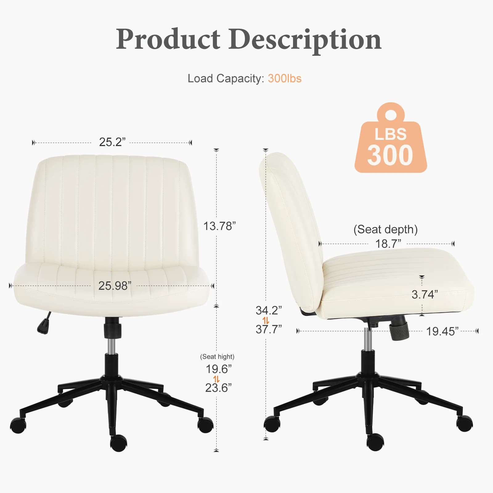 JHK chaises de bureau croisées sans accoudoirs avec roulettes chaise de bureau pivotante en cuir PU 