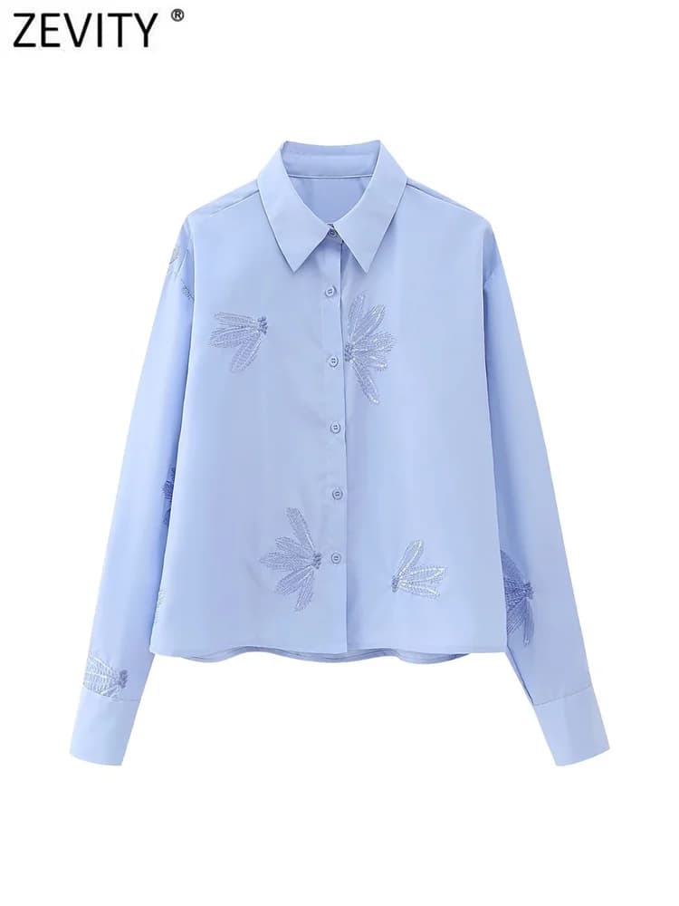 Zevity femmes mode paillettes fleur broderie courte Smock Blouse bureau dames Chic à manches longues