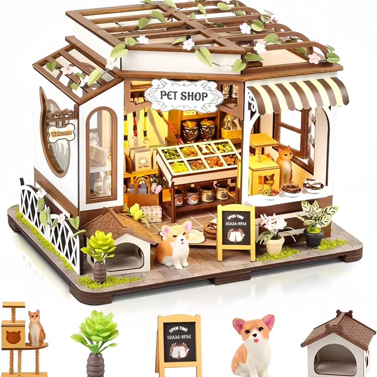 Kits de modèles miniatures de maisons de poupées en bois DIY, thème animalerie, avec meubles et lumi