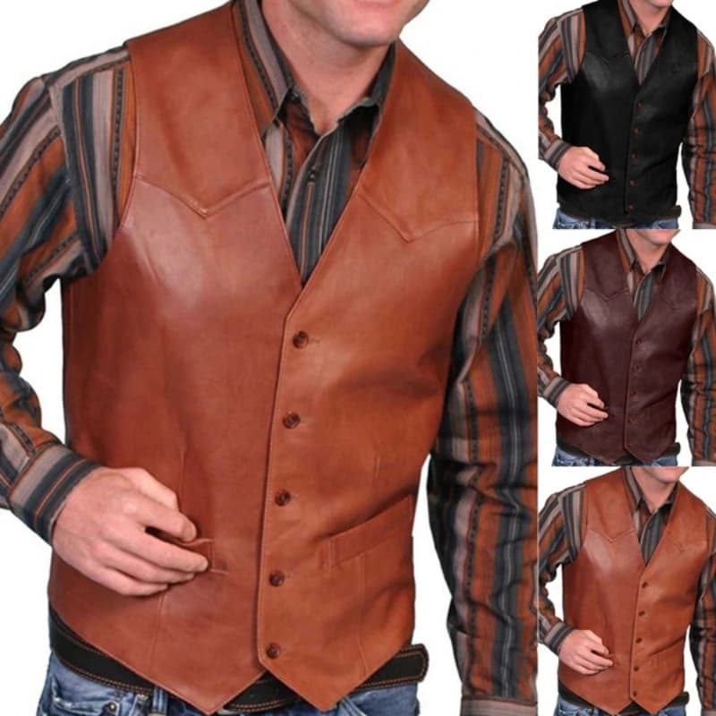 Gilet pour hommes d'affaires européens mode décontracté rétro couleur unie col en v bouton Western s