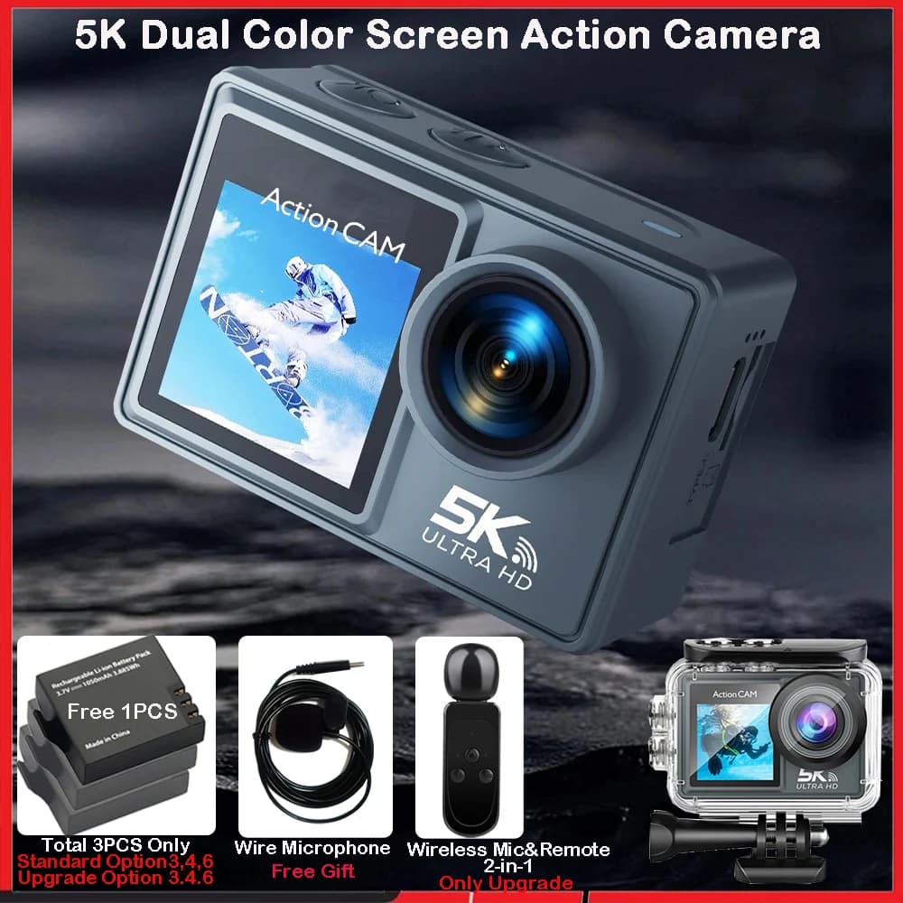 Caméra d'action 5K 4K60FPS double IPS tactile LCD DVR EIS 170 °   Caméra de sport étanche 30M, zoom 