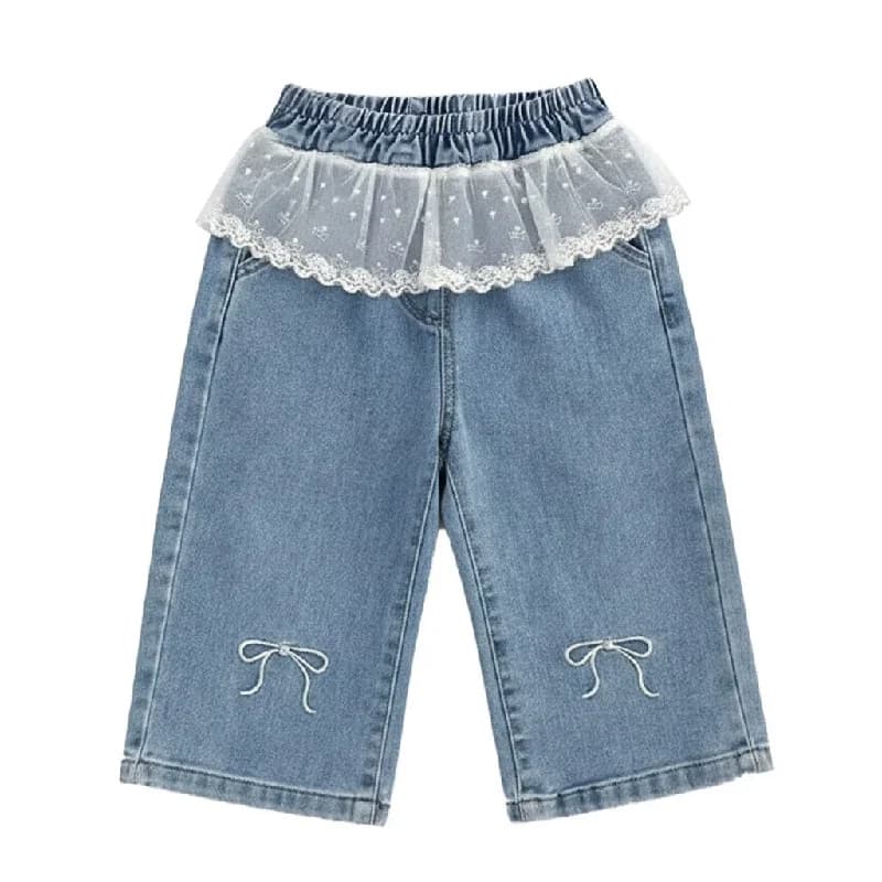 Pantalon en jean brodé avec dentelle pour filles, nouveau jean à nœud brodé, vêtements pour enfants,