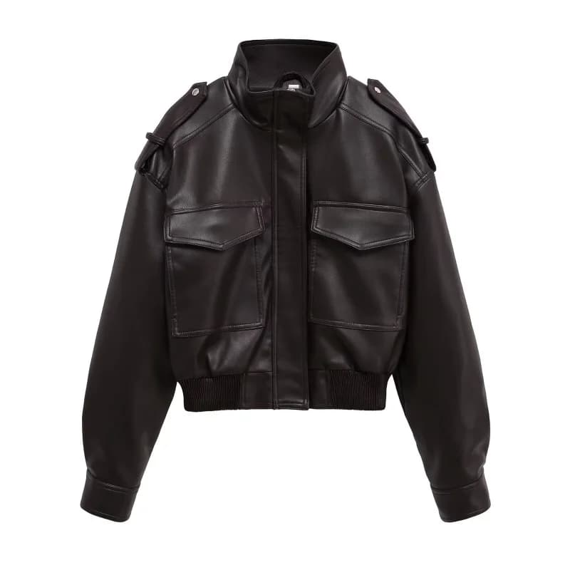 ETJ 2025 Nouvelle collection femme : veste courte moto col montant Y2K grande poche veste en simili 