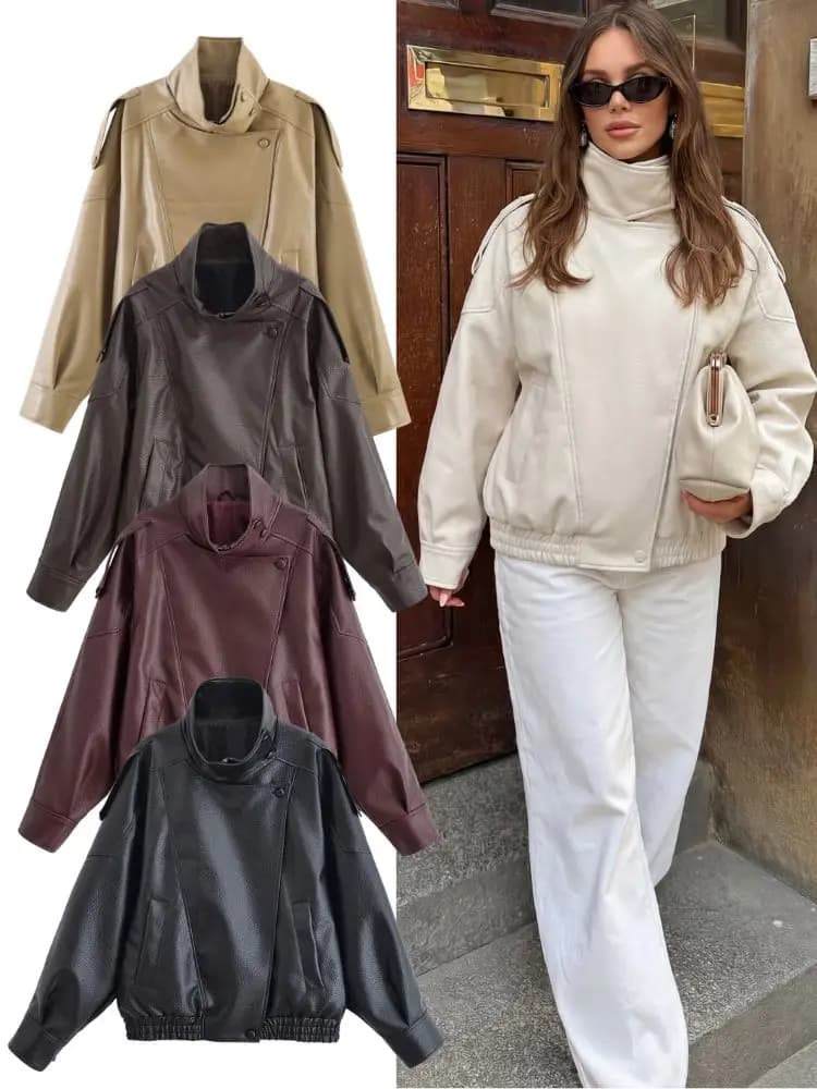 HH Veste en similicuir pour femme Printemps Automne 2026, style motard vintage oversize, coupe ample