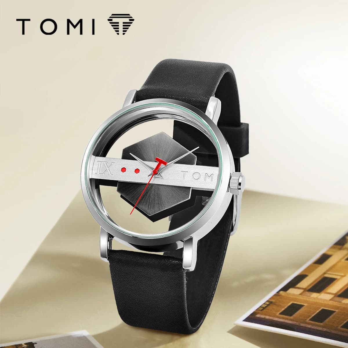 TOMI – bracelet de montre en cuir pour hommes, à la mode et minimaliste, Perspective creuse personna