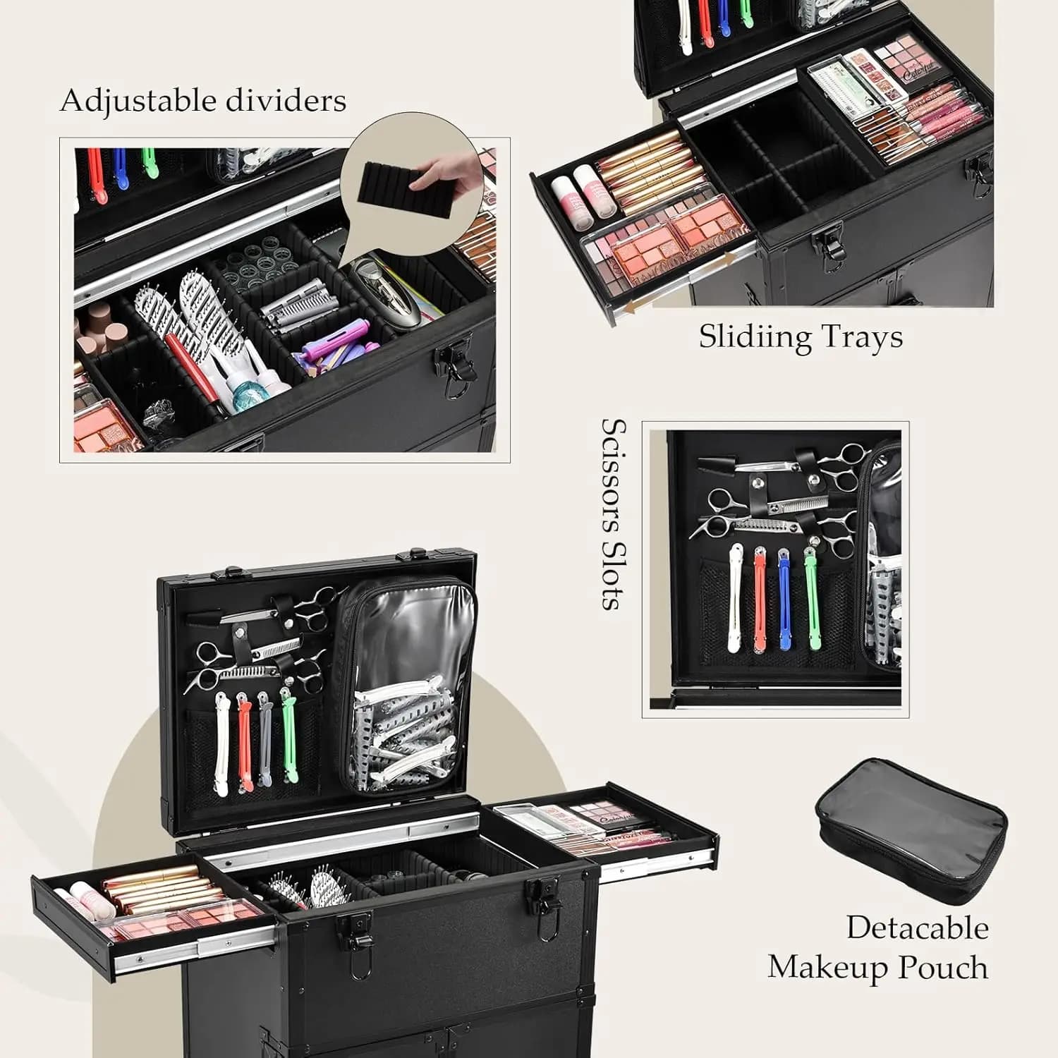 Trousse de maquillage professionnelle à roulettes, 4 tiroirs, étui de Train cosmétique pour coiffeur