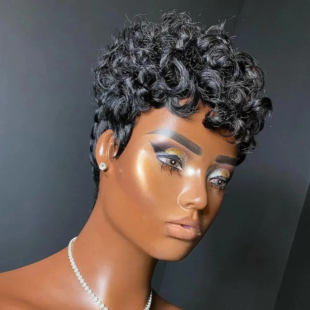 Hort Pixie perruques pour les femmes noires courtes noires bouclés Pixie perruques cheveux synthétiq
