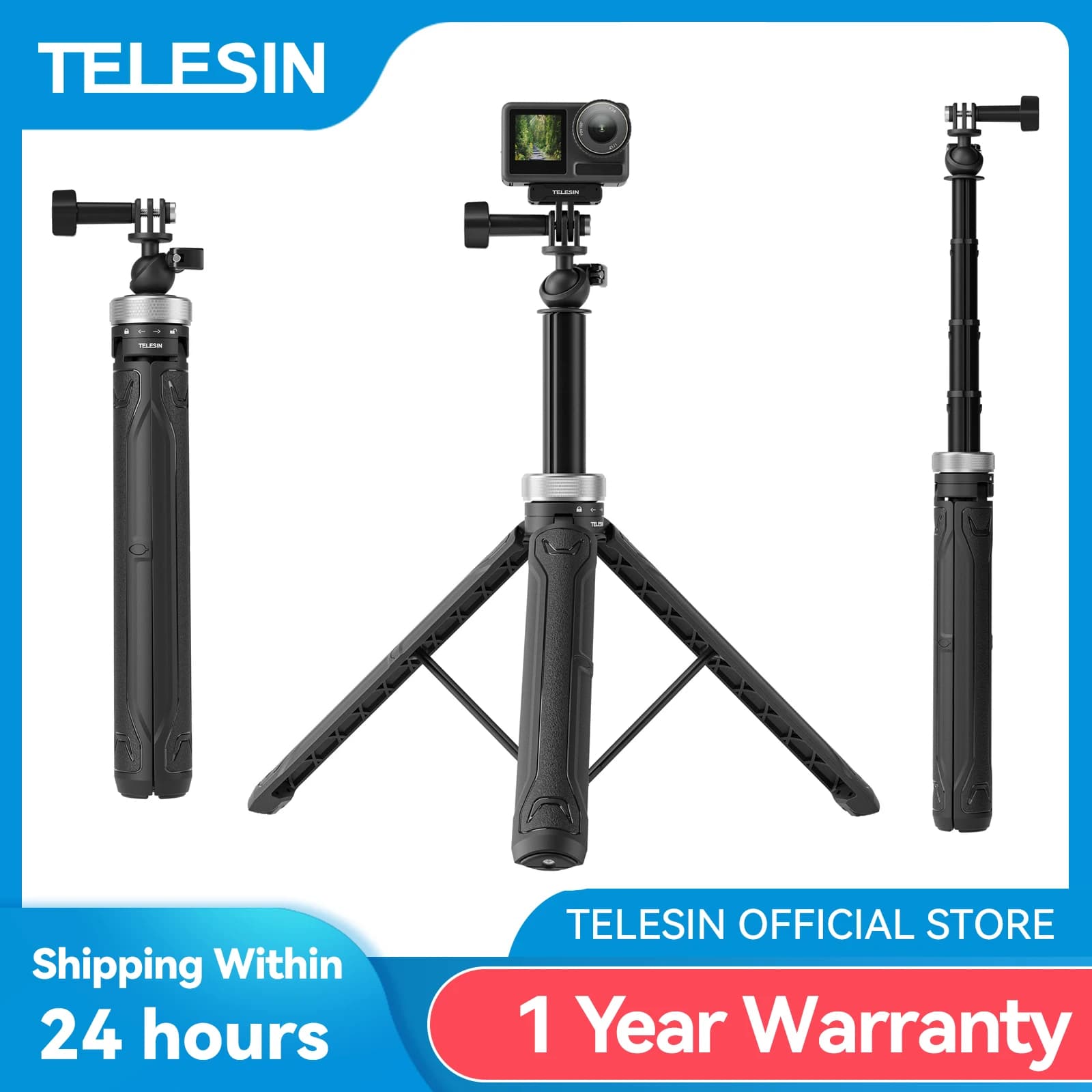TELESIN-Trépied Selfie Stick Pliable, Rotation 360 °, 1.5m, Convient pour GoPro Fore13, 12, 11, 10, 