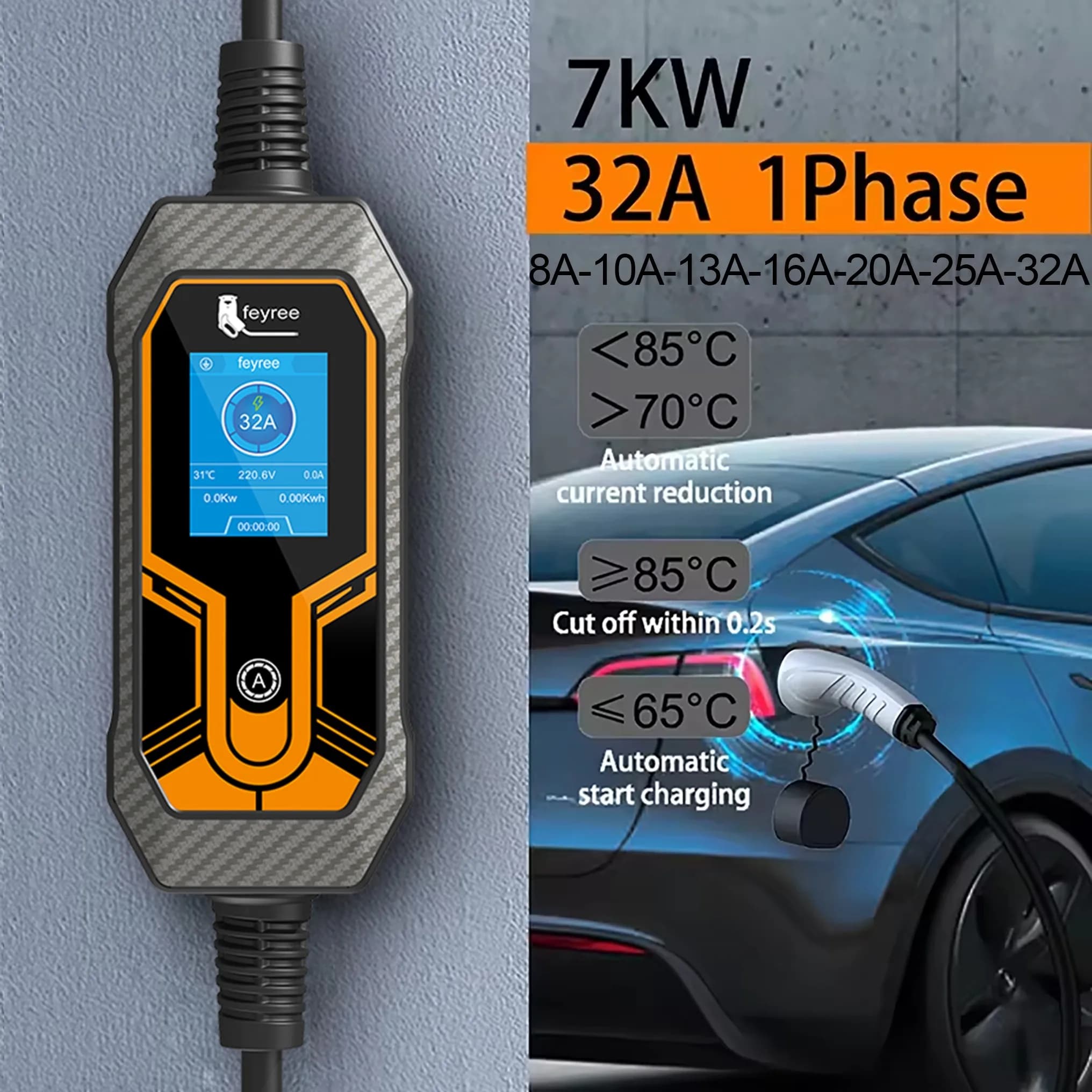 Feyree Portable EV chargeur Wallbox Type2 câble 32A 7KW avec prise CEE EVSE Type1 boîte de charge j1