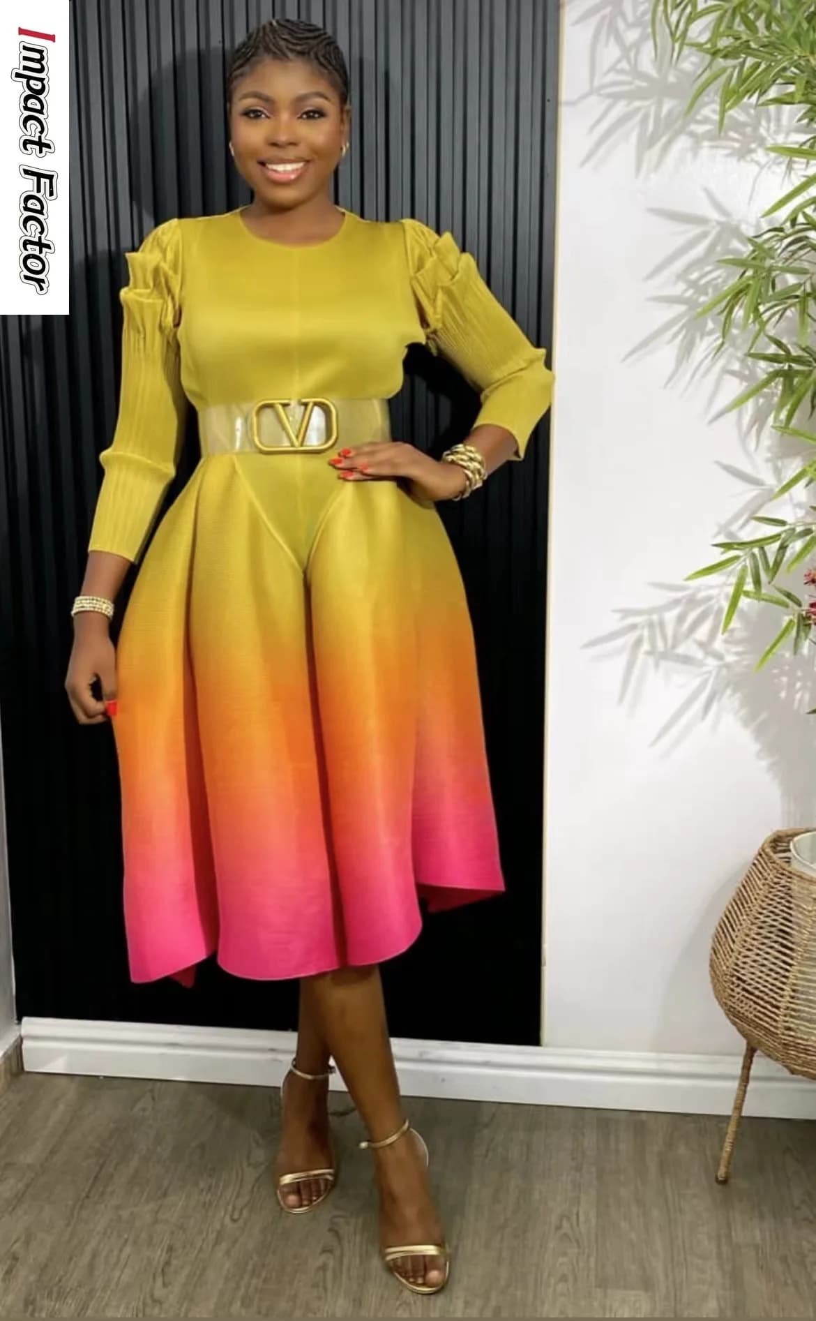 Robe trois maisons plissée pour femme, col rond, manches longues, ourlet conique, moelleux, ata yake
