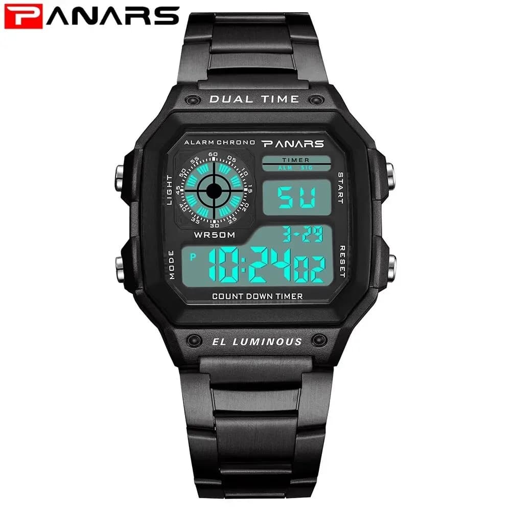 PANARS-Montre-bracelet de sport numérique étanche pour homme, bracelet en acier inoxydable, rétro-éc