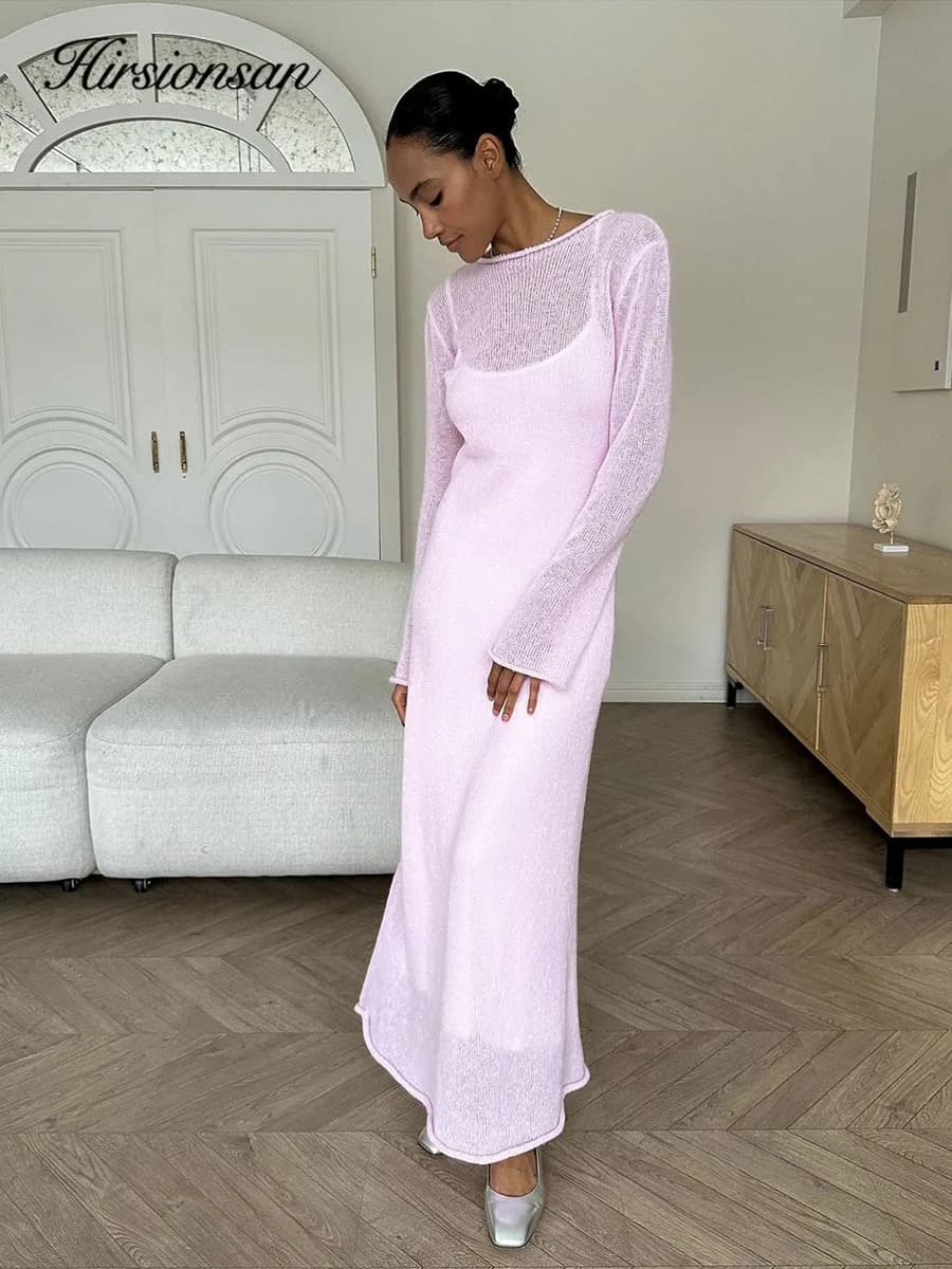 Hirsionsan – robe longue en tricot élastique pour Femme, col rond, élégante, Chic, douce, ajourée, p