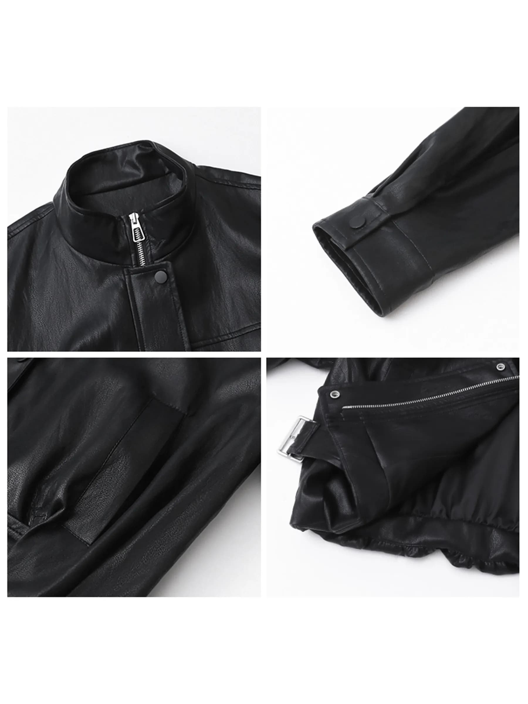 CHIC VEN Nouvelle Veste Courte Femme en PU Style Motard Coupe Ample Col Montant Unie Coupe-Vent Prin