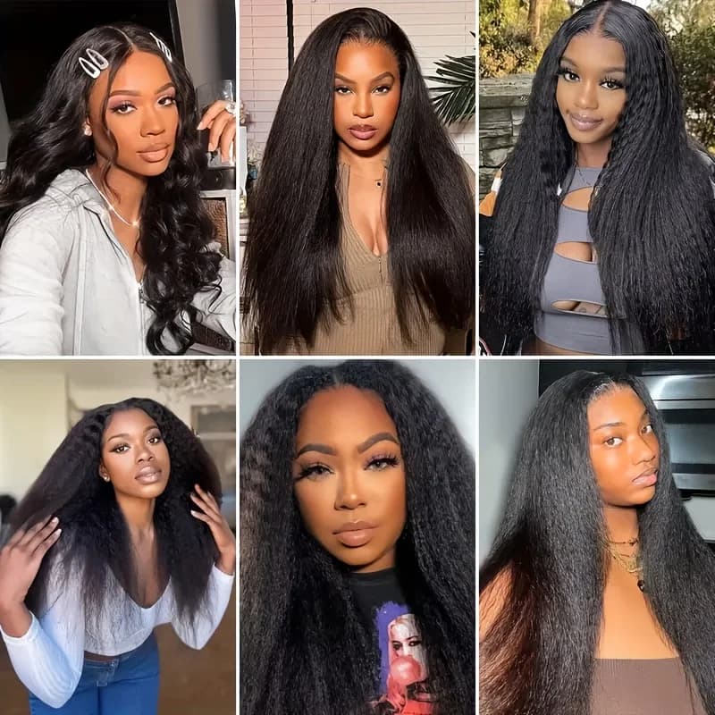Perruque Yaki lisse crépue avec raie en V, cheveux naturels sans colle, couleur noire naturelle, san