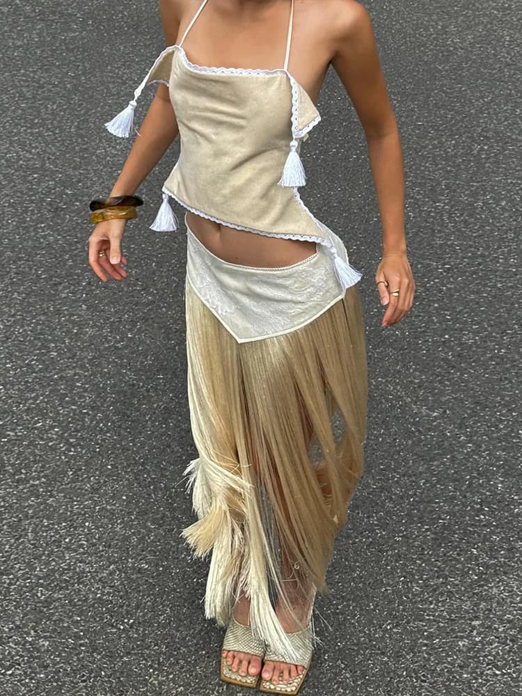Kliou Sexy Mode Jupes Costumes Femme Halter Bandage Dos Nu Irrégulière Crop Tops + Gland Décoration 