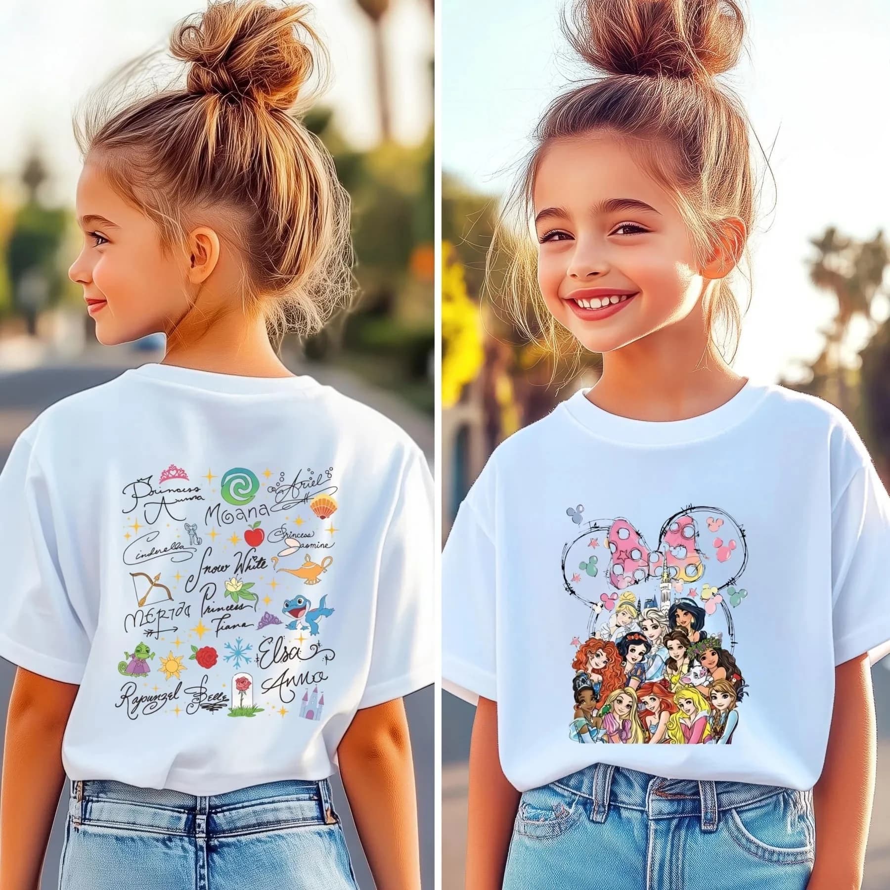 T-shirt à manches courtes pour enfants et adultes, printemps, princesse Disney, rétro, imprimé Doubl