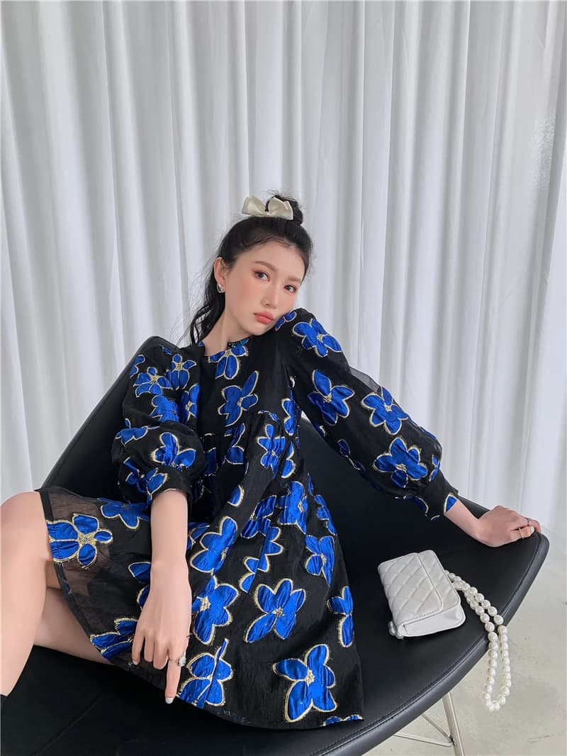 CHEERART – robe de fée en Organza bleu Royal, Jacquard, manches bouffantes, motif Floral, manches lo