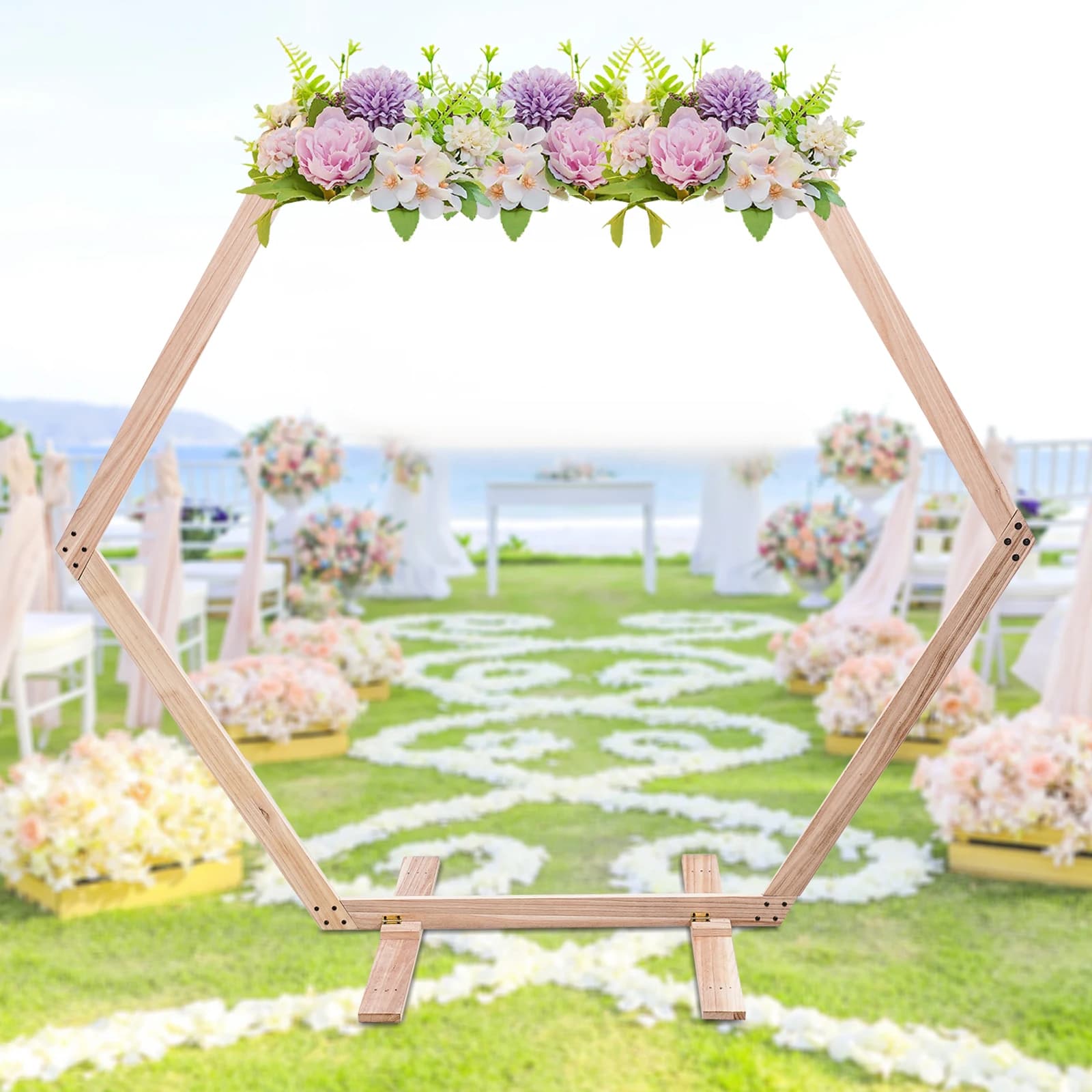 Décor d'arc de mariage en bois hexagonal, support de toile de fond, cadre en bois, 7.1 pieds