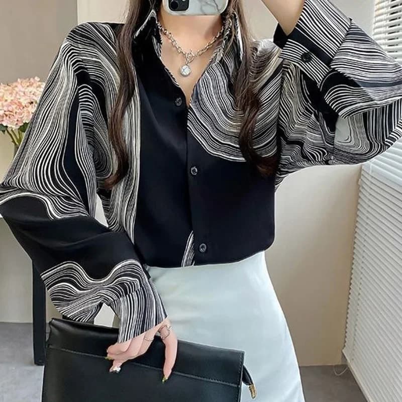 Chemisier en mousseline de soie à rayures pour femmes, chemise à manches lanterne, revers élégant, b
