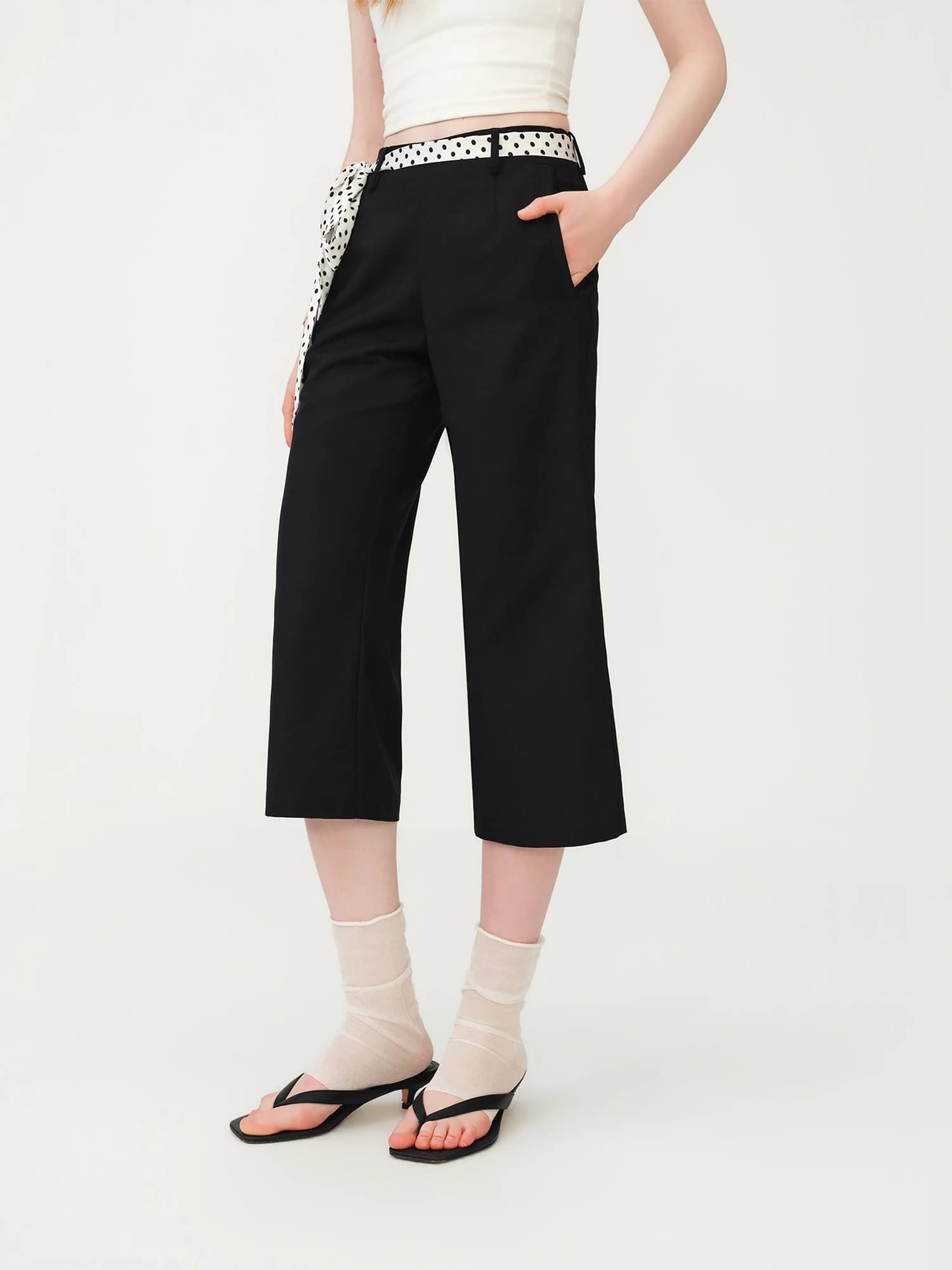 FSLE Pantalon décontracté taille basse à nouer à la taille, style rétro à pois, pour femme, nouvelle