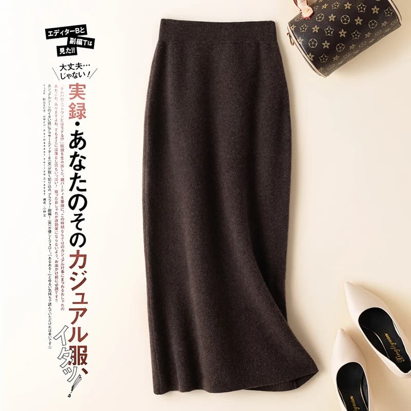 Jupe 100% pure laine pour femmes, mi-longue, taille haute, fine, en cachemire, tricotée, assortie av