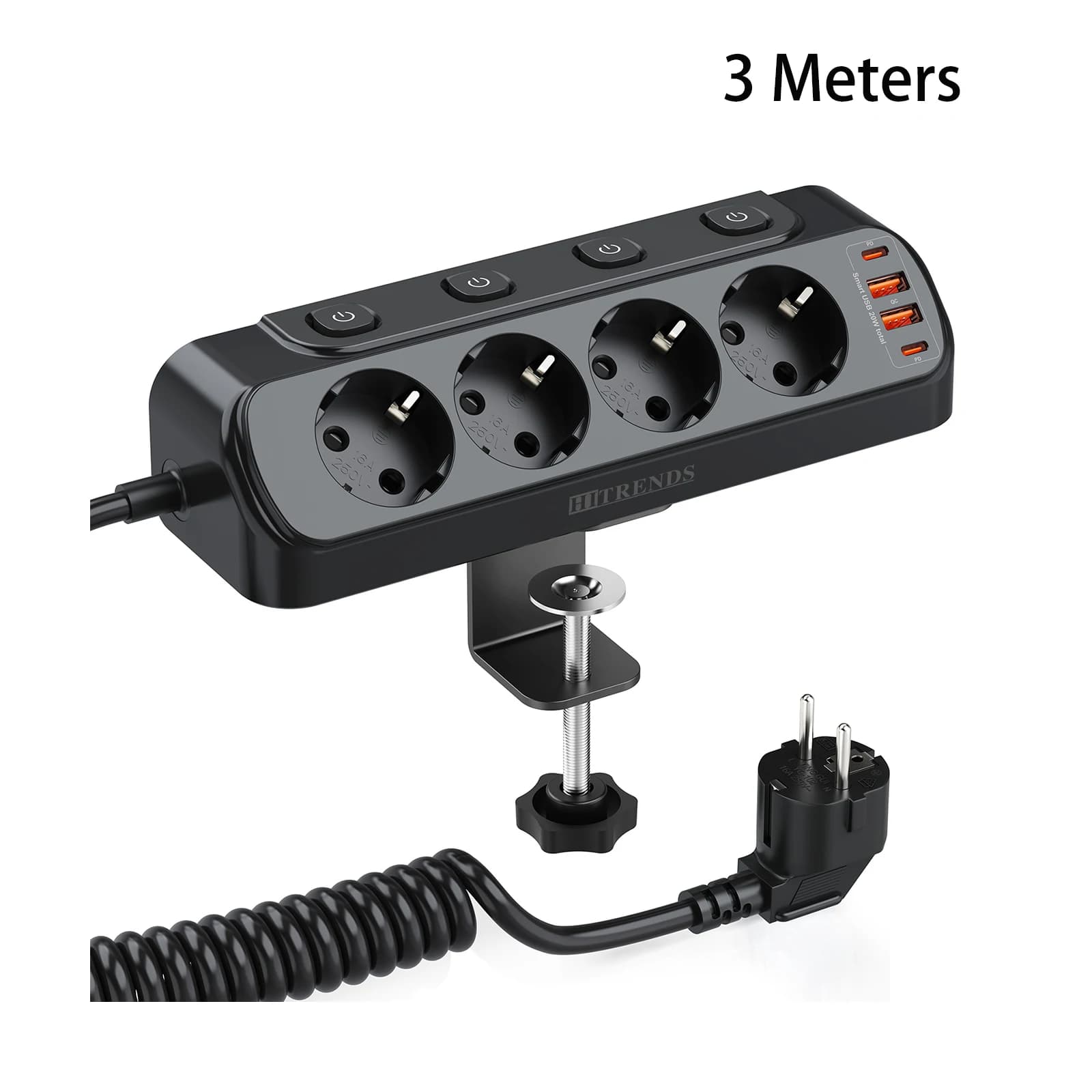 Multiprise HITRENDS EU avec interrupteurs individuels, cordon d'extension de 3 mètres, 4 prises AC e