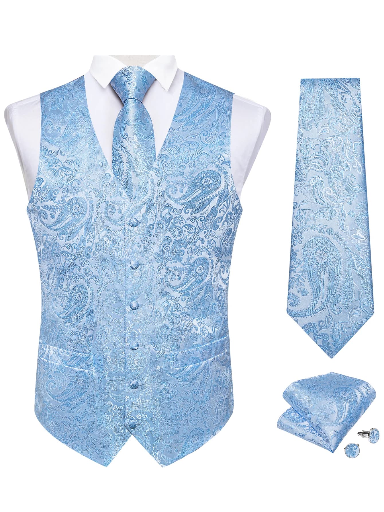 Ensemble gilet et cravate pour homme à motif cachemire – Gilet formel avec pochette de poche, idéal 
