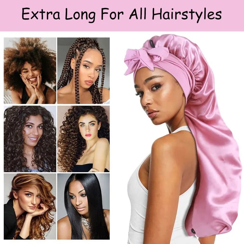 Bonnet de nuit Long en Satin pour femmes noires, couleur unie, Extra Large, avec cravate longue, Bon