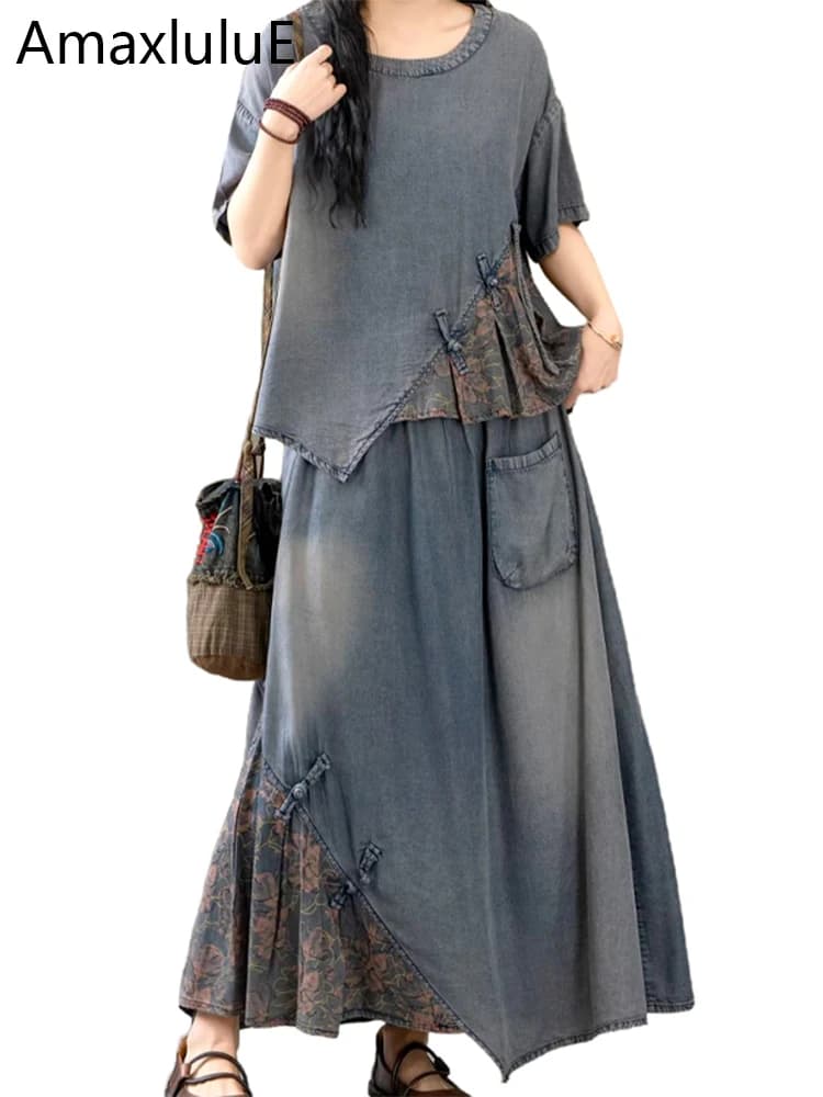 AmaxluluE 2025 costumes d'été femmes chinois 2 pièces ensembles décontracté imprimé Denim tenues de 