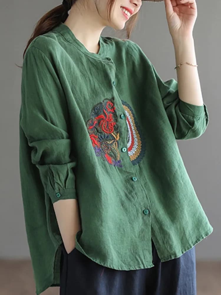 Chemises décontractées pour femmes, style vintage, col montant, broderie, tout match, printemps, fem