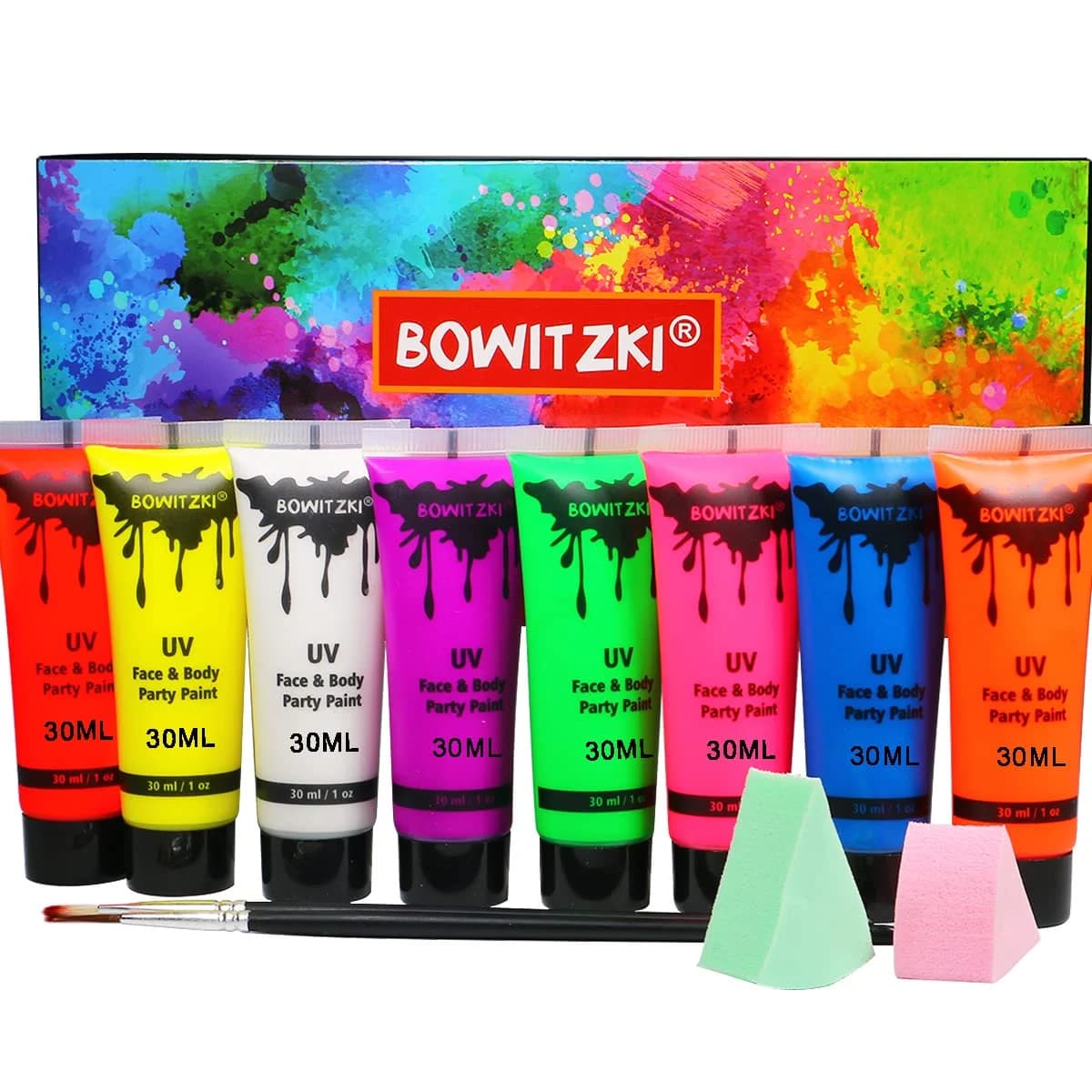 Bowitzki UV néon peinture pour le visage et le corps 8x30ml liquide grand Kit lumière noire brille d