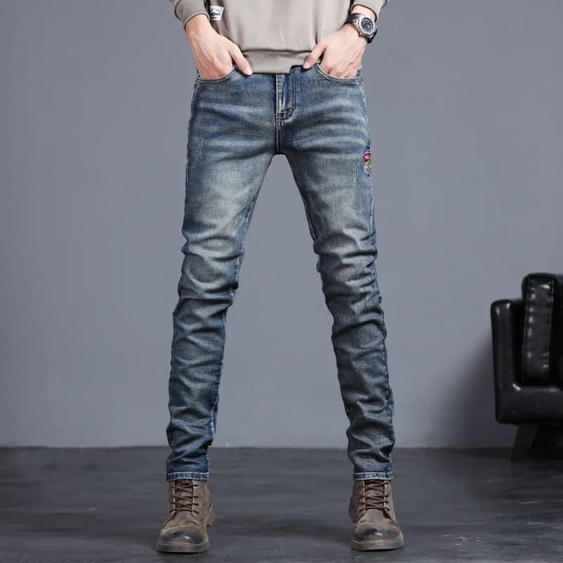 Jeans vintage brodés pour hommes, pantalons en denim Slim, petits pieds, mode coréenne, fjcommisted,