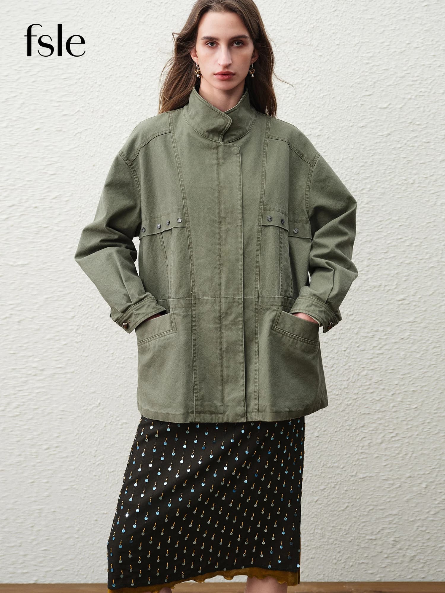 FSLE【Série Premium】Veste Courte Cargo Rétro Femme Printemps 2026 Col Montant Style Urbain Oversize