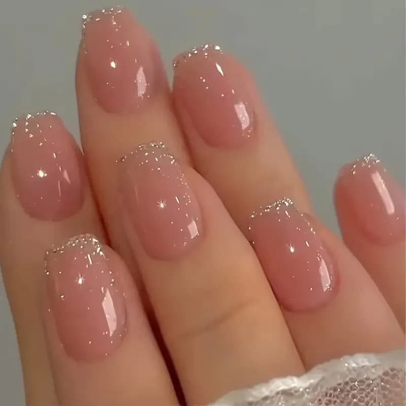 Faux ongles courts N64.avec poudre scintillante pour filles, nail art, couverture complète, français