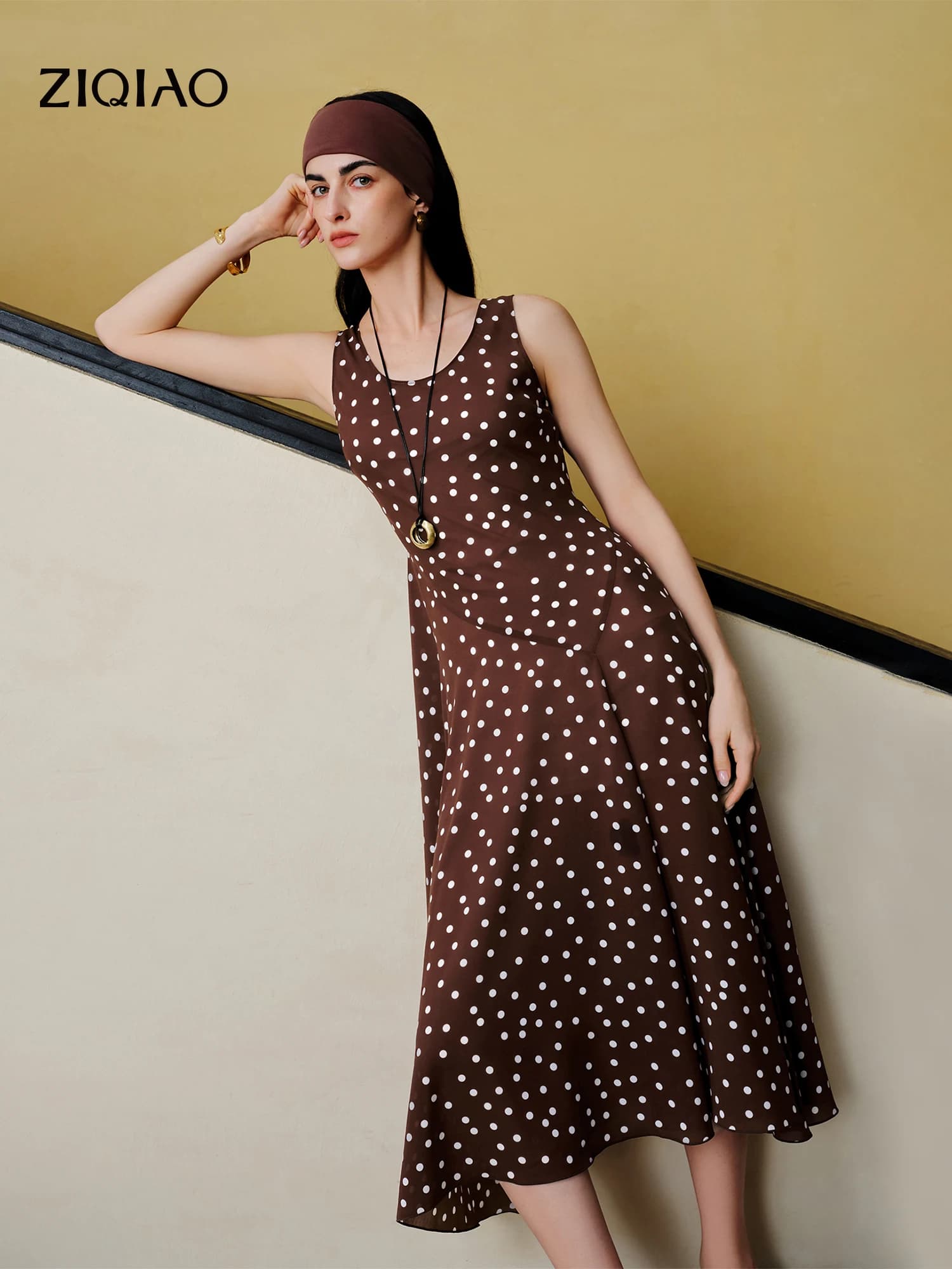 Robe nuisette diagonale rétro à pois en mousseline ZIQIAO pour femme, nouveau style été 2026, robe g