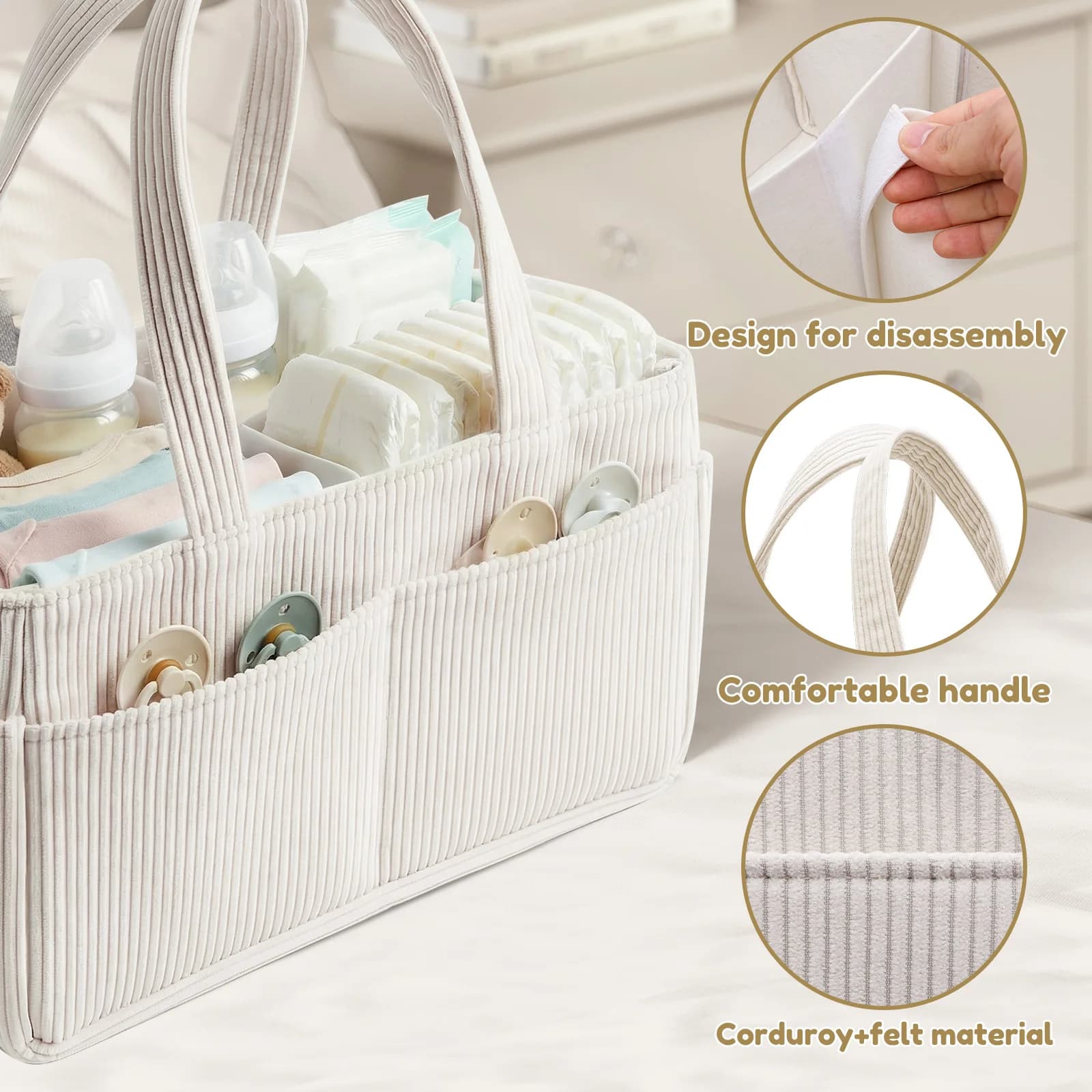Organisateur de couches pour bébé en velours côtelé, panier de rangement pliable multi-poches avec p