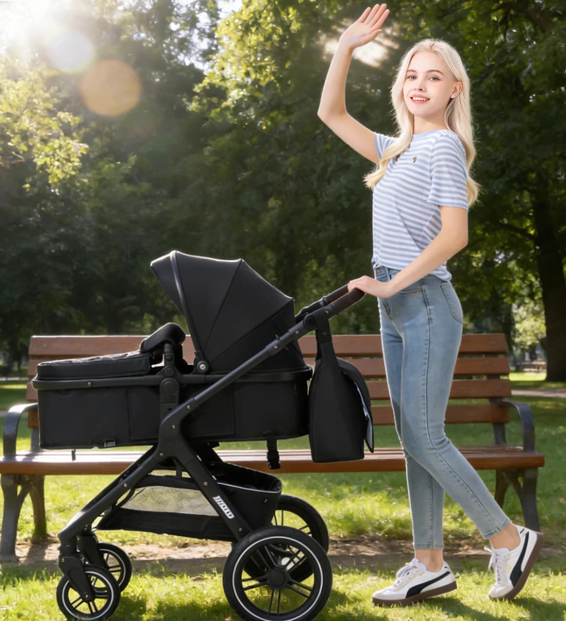 Système de poussette 3 en 1, poussette bébé pliable et légère, poignée réglable, cadre en aluminium 