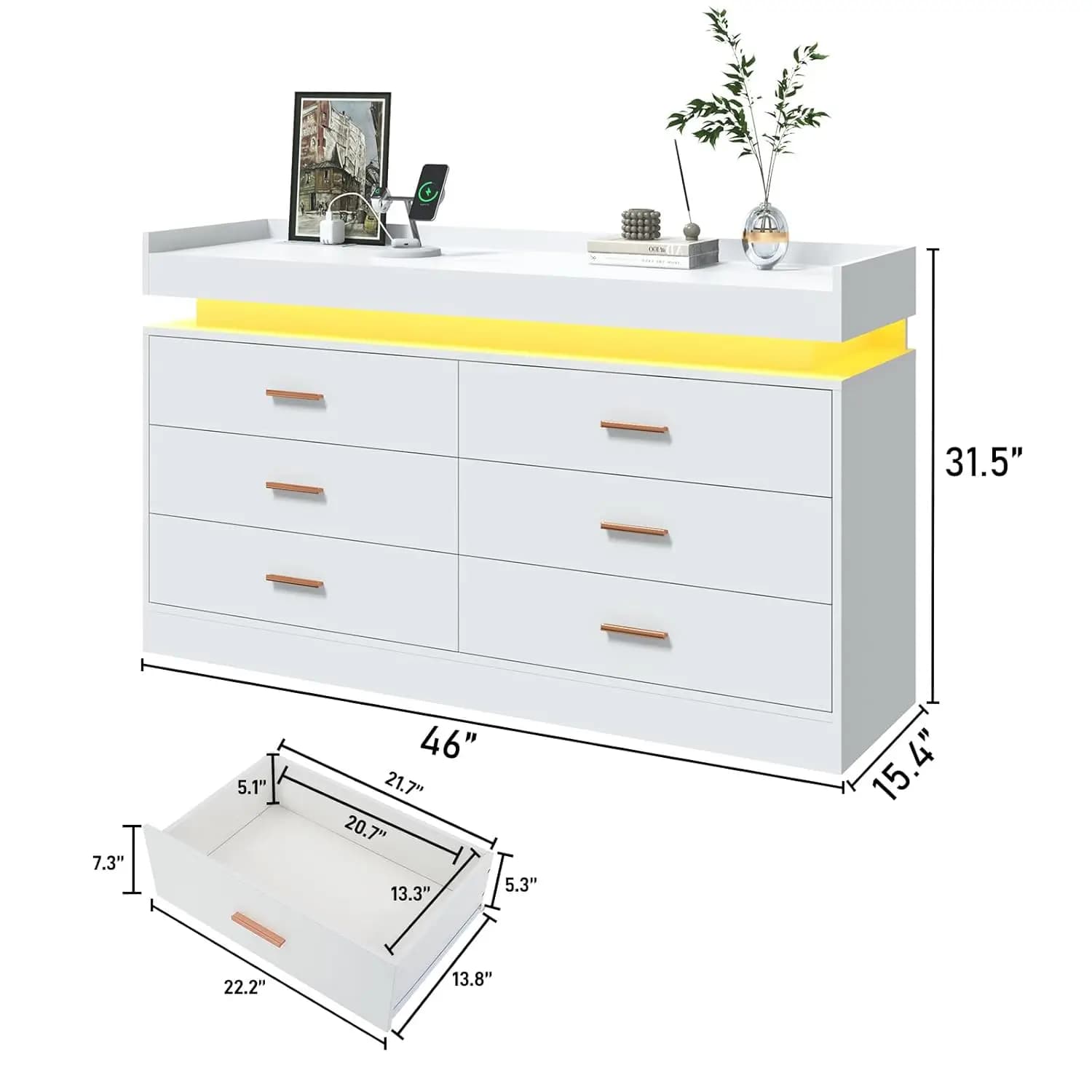 Commode à 6 tiroirs avec station de charge et lumières LED, commode moderne avec prise de courant, a