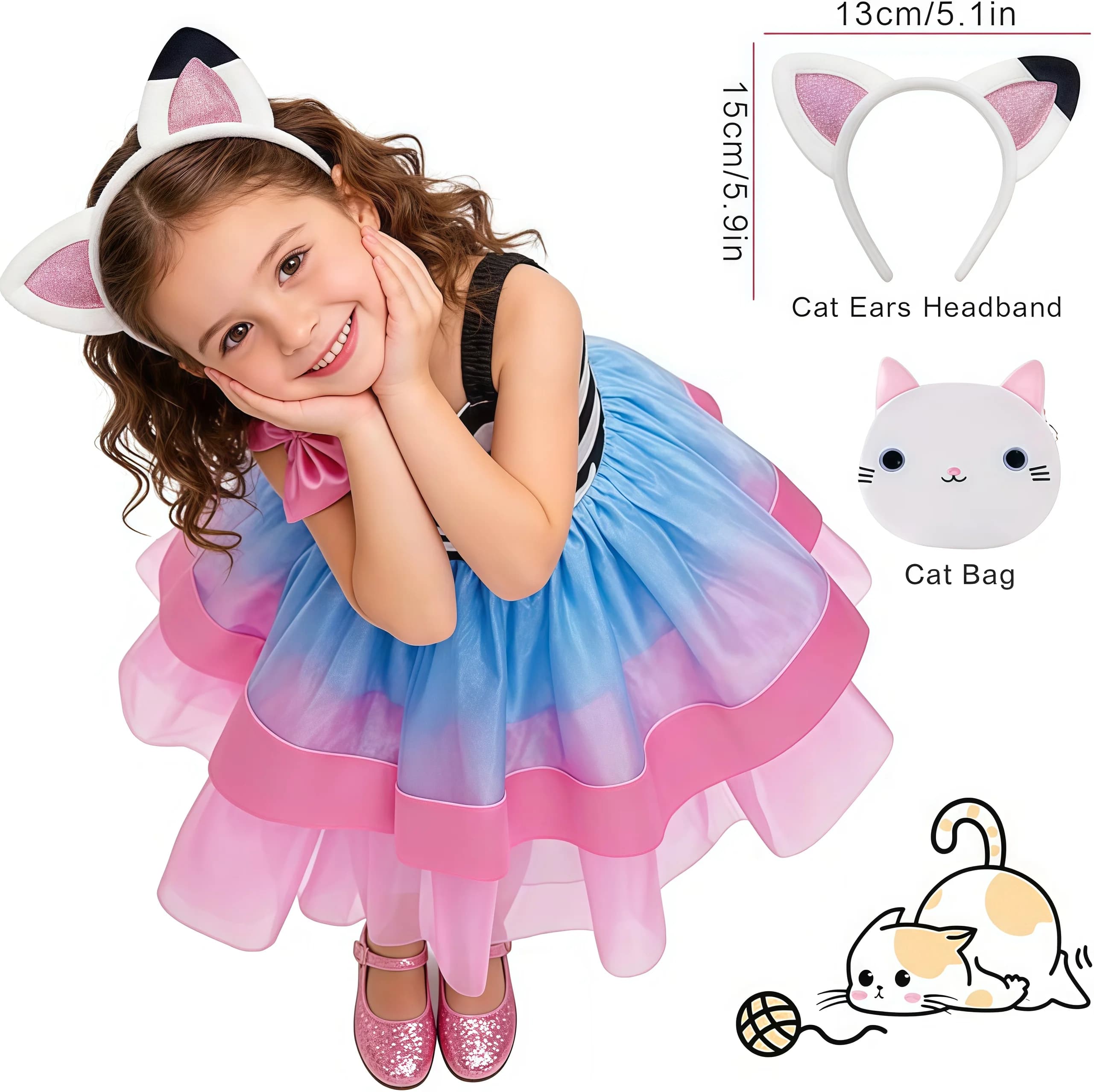Hauts de chat rayés Gabby pour enfants, avec pantalon, accessoire pour petite fille, fête d'annivers