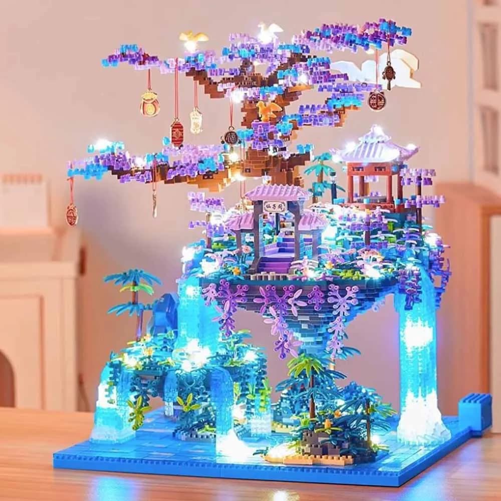 MOC forêt lacs arbre château maison blocs de construction ensemble cascade avec lumière bricolage jo