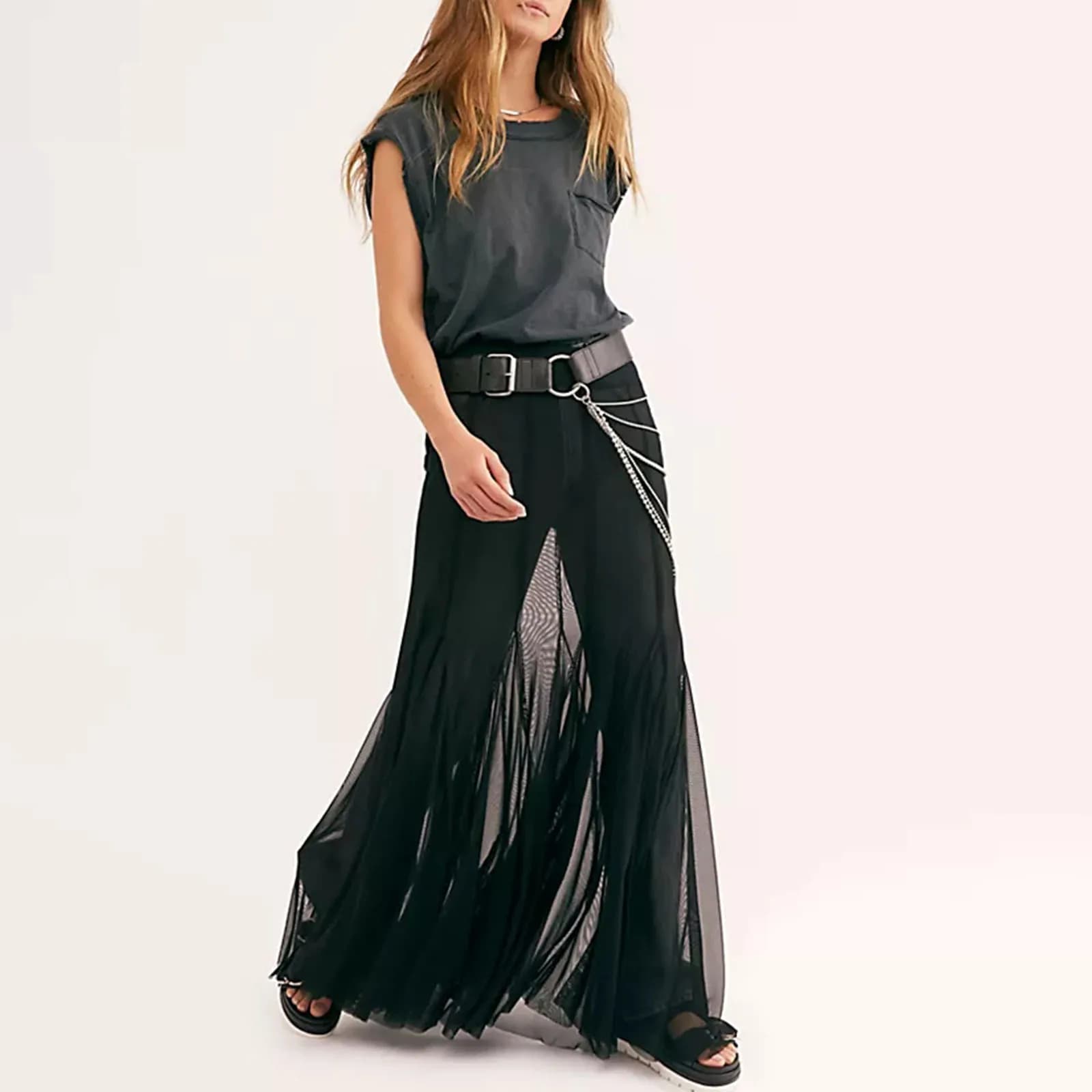 Jupes longues transparentes en maille pour femmes, taille haute élastique, ourlet à volants, jupes f