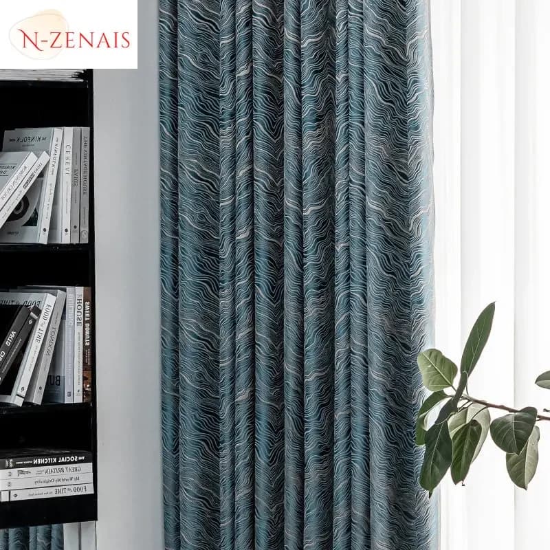 Rideau de luxe jacquard bleu moderne pour salon, tulle blanc nordique de précision, rideaux occultan