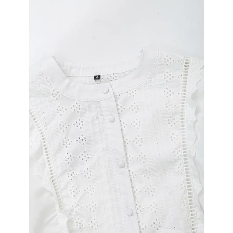 YENKYE-Chemisier blanc brodé évidé pour femme, manches longues, col rond, chemise courte femme, stre