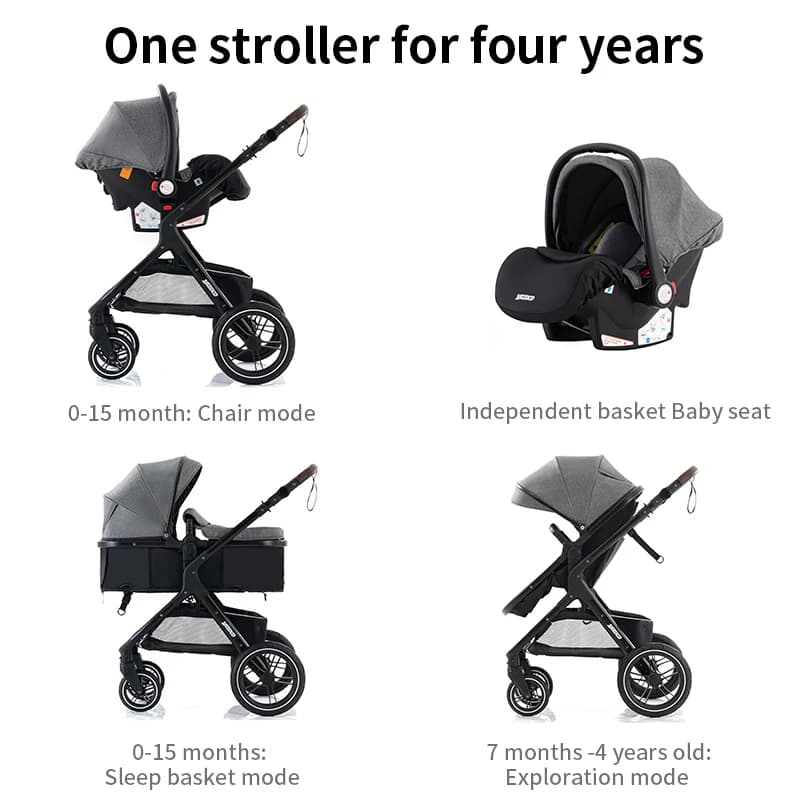 Poussette multifonction 3 en 1 avec siège auto et nacelle, poussette compacte pliable, poussette lég